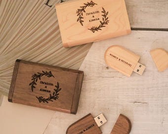 Gegraveerde houten flashdrive met geschenkdoos, gepersonaliseerde USB voor huwelijksfotografie voor stellen