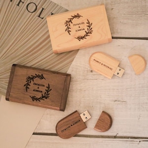 Personalized Engraved Wooden USB Drive with Box, Wedding Keepsake