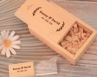 Memoria USB de madera grabada con caja a juego, regalo de boda personalizado (32 GB)