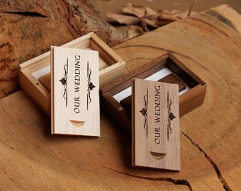 Clé USB personnalisée avec boîte en bois carrée en noyer, clé USB pour photo de mariage, clé USB gravée personnalisée, cadeau souvenir en noyer