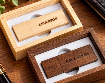 Personalisierter USB-Stick aus Ahornholz mit gravierter Schachtel, Hochzeitsgeschenk (4 GB–128 GB)
