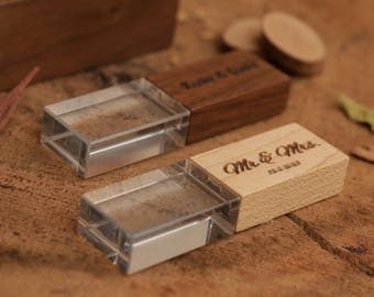 Wooden Crystal USB with Engraved Box, Custom Name & Date USB, Photographer Gift, Wedding Memory Gift, Xmas Gift for Her or Photographers