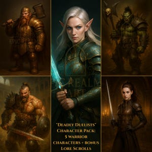 Deadly Duelists | Fantasy Warrior Character Pack  | Bonus Lore Scrolls | DnD Art Download
