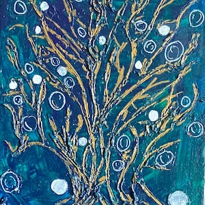 May include: Abstract painting of a tree with gold branches and white circular accents against a dark teal background. The artwork has a textured, impasto style, with visible brushstrokes. The overall theme is nature and art.