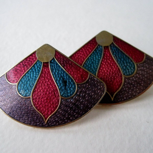 Vintage 80s Retro Art Deco Cloisonne Goldtone Gold Tone Turquoise Blue Pink Purple Fan Geometric Earrings