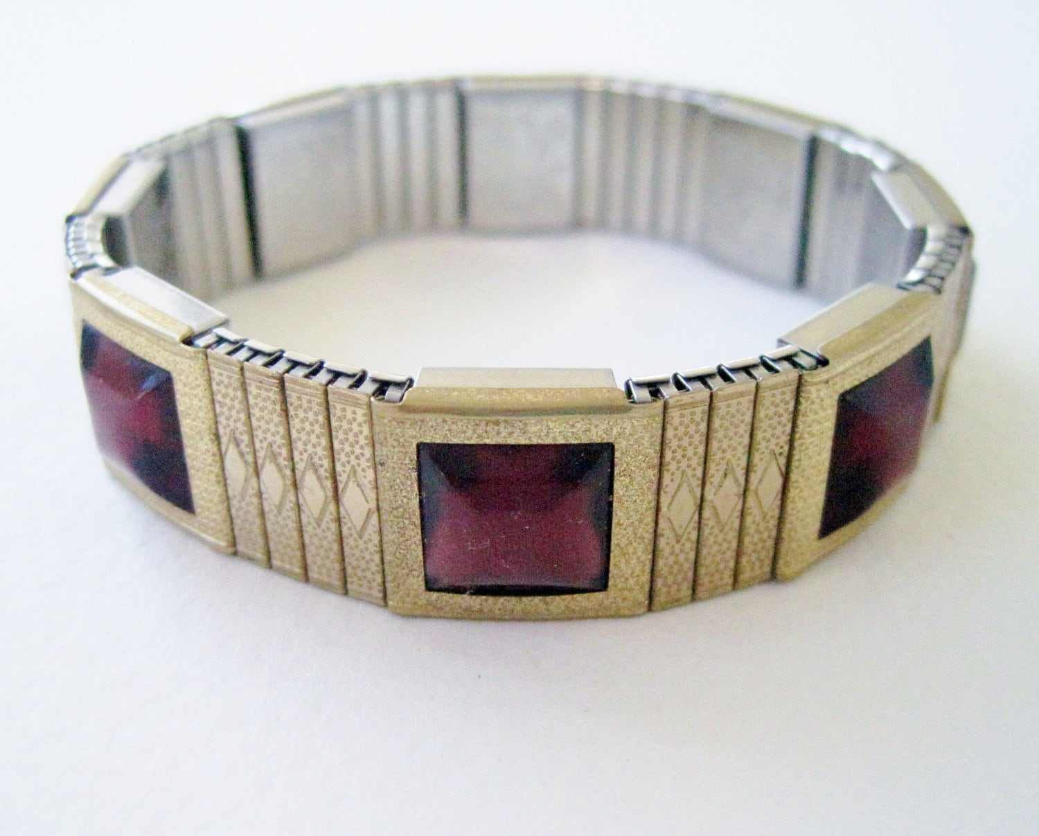 Vintage 1933 Asian Traditional Signed Tiger Health Japan Magnetic Gold Tone Burgundy Red Purple Square Cabochon Stretch Elastic Bracelet Etsy