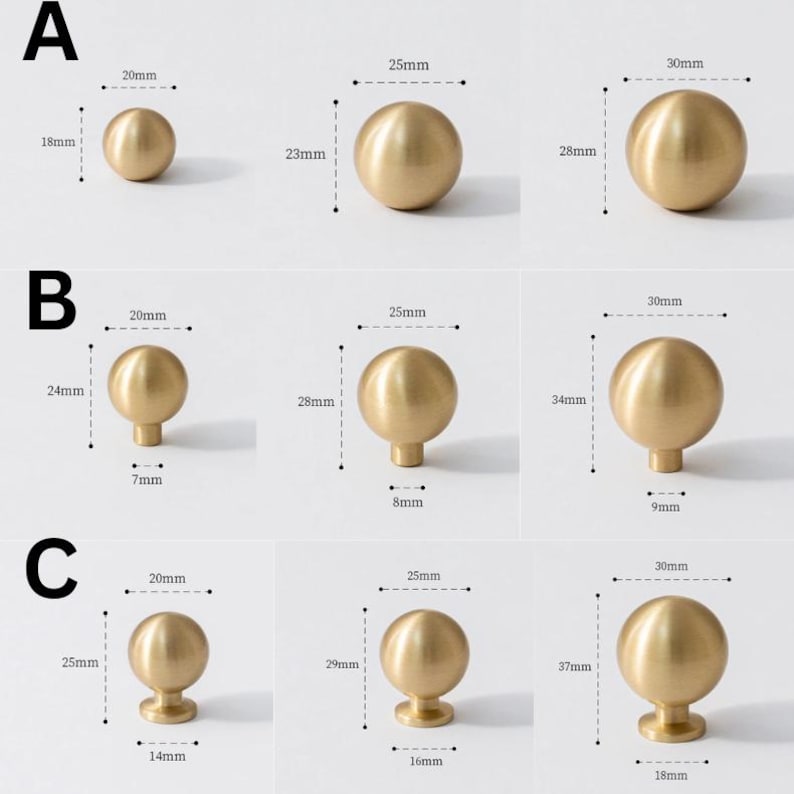 May include: A selection of brass cabinet knobs in different sizes. The knobs have a spherical shape and a polished finish. Measurements are in millimeters, with the largest knob being 30mm in diameter and 37mm high.