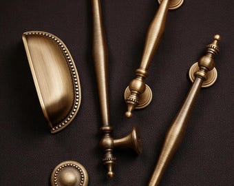 Antique Bronze Brass Cabinet Handles , Knobs, Solid Brass Wardrobe Pulls for Kitchen, Dresser & Cupboard | Vintage Bronze Furniture Hardware