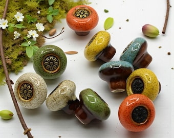 Mini Retro colorful drawer knob, cabinet drawer ceramics knob, Boho Shabby Chic Drawer Pulls,Drawer Pull Door Handle - Green, Yellow, Orange