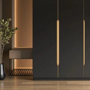 Może przedstawiać: Nowoczesne wnętrze z czarną szafą z pionowymi złotymi uchwytami. Drewniana ławka z czarną metalową podstawą stoi przed ścianą w ciepłym odcieniu. Czarny wazon zawiera liściastą roślinę, a podłoga jest drewniana.