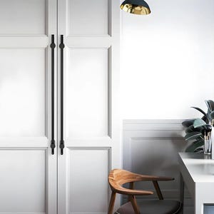 Puede incluir: Puertas dobles blancas con manijas verticales negras. Una silla de madera con respaldo curvo y un escritorio con una planta están en la habitación. Una lámpara colgante negra y dorada cuelga del techo.