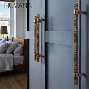 Op de afbeelding: Close-up van een blauwe kastdeur met twee verticale, getextureerde bronzen handgrepen. De handgrepen hebben een geribbeld ontwerp en zijn gemonteerd met kleine, ronde bronzen bevestigingen. Het woord "NUVANA" staat linksboven in het zwart.