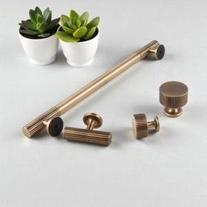 May include: A selection of brass-coloured cabinet hardware, including a long bar pull, knobs, and a T-shaped pull. The hardware has a ribbed design. Two small white pots with green succulents are in the background.