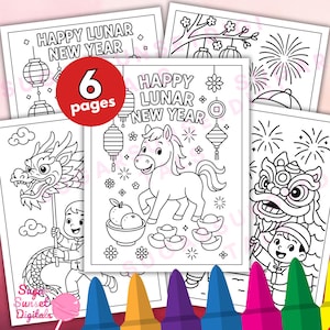 May include: A collection of six Lunar New Year-themed coloring pages. The black and white illustrations depict lanterns, fireworks, a dragon, a horse, and other festive elements. The text "HAPPY LUNAR NEW YEAR" is visible on several pages.
