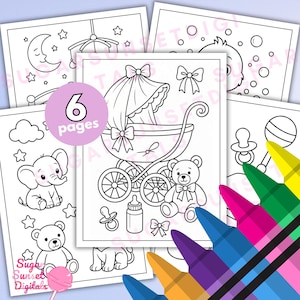 May include: A set of six black and white coloring pages featuring baby-themed illustrations including a carriage, teddy bears, an elephant, a pacifier, a baby bottle, a moon, stars, and clouds. A purple circle with the text 6 pages is visible.