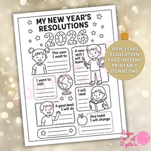 May include: Black and white printable New Year's Resolutions page for 2026. Features illustrations of children and prompts for goals like "This year I want to," "A new skill I will learn," and "I want to visit." Includes text: "NEW YEARS RESOLUTION PAGE INSTANT PRINTABLE DOWNLOAD."