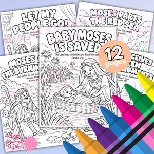 Puede incluir: Una colección de 12 páginas para colorear en blanco y negro con escenas bíblicas de Moisés. Las páginas incluyen ilustraciones del bebé Moisés en una cesta, la zarza ardiente, la partición del Mar Rojo y los Diez Mandamientos con texto.