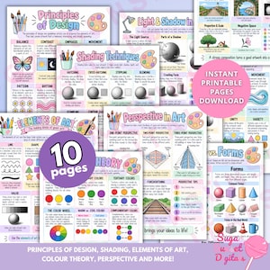 Può includere: Un set di 10 pagine educative stampabili che presentano concetti artistici tra cui principi di design, tecniche di ombreggiatura, elementi dell'arte, prospettiva, teoria del colore e forme con illustrazioni colorate e testi descrittivi.