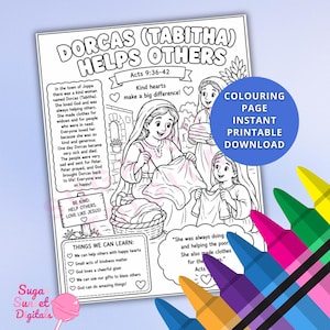 May include: A black and white coloring page titled Dorcas (Tabitha) Helps Others, featuring illustrations of people sewing, text about the biblical story, a list of lessons, and a blue circular overlay with the text COLOURING PAGE INSTANT PRINTABLE DOWNLOAD.