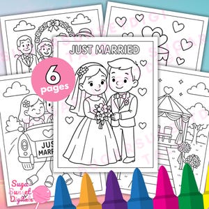 May include: A set of six coloring pages with wedding-themed illustrations. The central image features a bride and groom with the text "JUST MARRIED." Other pages depict wedding scenes, all in black and white, with a pink circle indicating "6 pages."