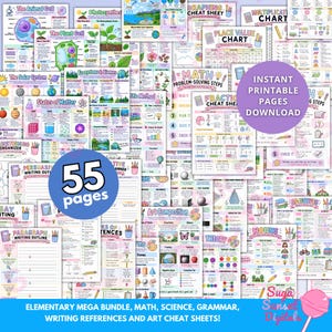 Puede incluir: Una colección de 55 páginas educativas imprimibles con gráficos y diagramas coloridos para matemáticas, ciencias, gramática, escritura y arte. Las hojas incluyen temas como la célula animal, el sistema solar, fracciones y sustantivos.