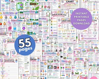 May include: A collection of 55 educational printable pages featuring colorful charts and diagrams for math, science, grammar, writing, and art. The sheets include topics like the animal cell, solar system, fractions, and nouns with text overlays.
