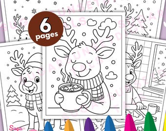Reindeer Coloring Pages Christmas Coloring Sheets Holiday Printable Kids Activity Instant Download