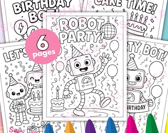 Robot Birthday Coloring Pages: Kids Party Activity (Digital Download)