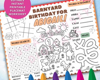 Farm 1st Birthday Coloring Placemat: Barnyard Party Activity (Digital Download)