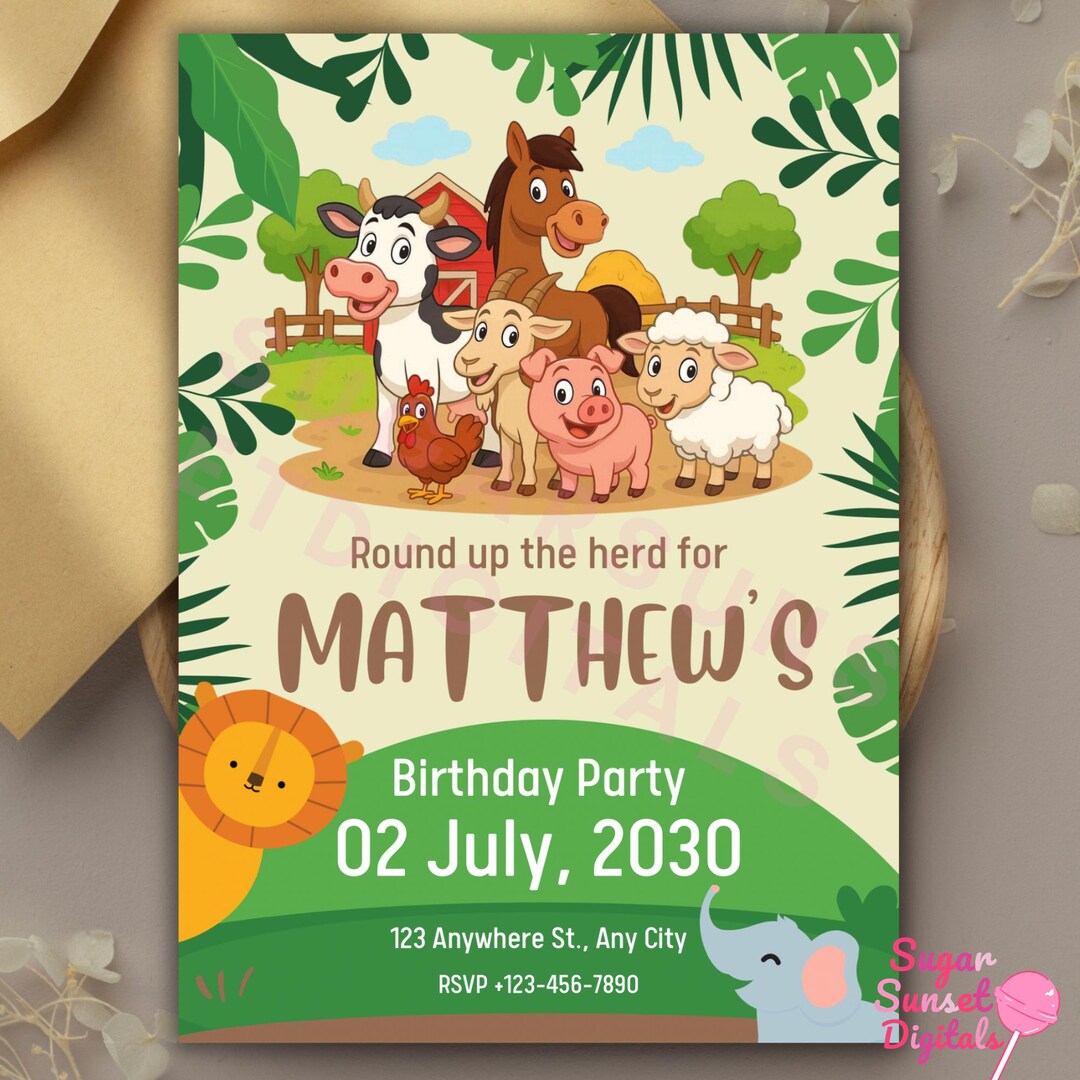 Farm Birthday Invitation: Barnyard Animals Party, Editable Template ...