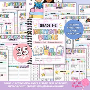 Carpeta de intervención para 1.º y 2.º grado / Intervención en lectura y matemáticas, seguimiento del progreso, registro de datos del alumno, materiales imprimibles para el profesor.