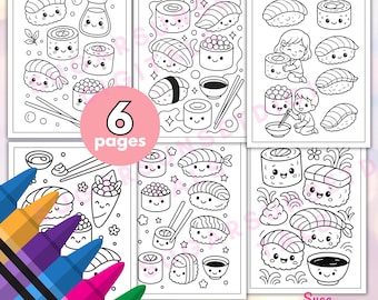 Dibujos para colorear de sushi kawaii / 6 láminas de comida (descarga en PDF)