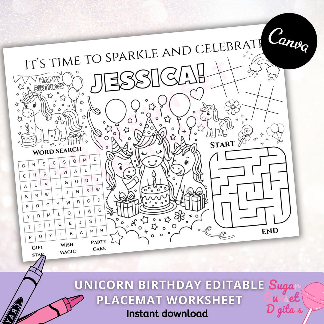 Unicorn Birthday Colouring Placemat Editable Kids Party Activity Sheet ...