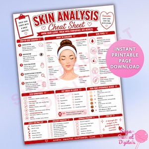 May include: A white and red skin analysis cheat sheet featuring a central illustration of a face with a headband. The document includes sections for step-by-step analysis, skin types, skin conditions, key areas to check, and the Fitzpatrick scale.