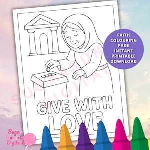 May include: Black and white line art coloring page with the text "GIVE WITH LOVE." The image depicts a person placing a coin in a donation box. A purple circle reads "FAITH COLOURING PAGE INSTANT PRINTABLE DOWNLOAD."