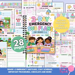 May include: A spiral-bound set of 28 printable emergency sub plans for grades 1-2, featuring colourful illustrations of children in a classroom, maths and reading worksheets, teacher checklists, and daily schedules with pastel accents and cartoon graphics.