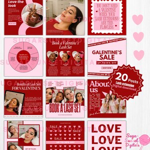 Può includere: Una raccolta di 20 post digitali per extension ciglia, con design rosa e rossi. I post promuovono le vendite di San Valentino e Galentine's Day e le prenotazioni di set di ciglia. Il testo include frasi come "Love the look" e "Book a Valentine's Lash Set".