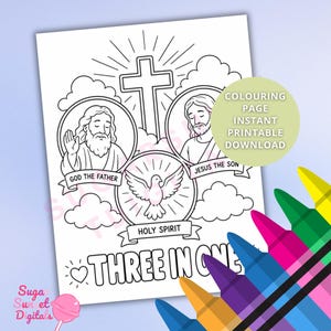 May include: A black and white coloring page featuring the Holy Trinity with three circular portraits of God the Father, Jesus the Son, and the Holy Spirit as a dove, centered beneath a cross and clouds, with the text "THREE IN ONE" at the bottom.