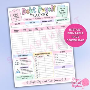 Può includere: Una pagina stampabile per il monitoraggio del rimborso dei debiti in colori pastello, con sezioni per il debito totale, il saldo residuo e le date obiettivo. Include un tracker dei pagamenti mensili e strategie di estinzione debiti.