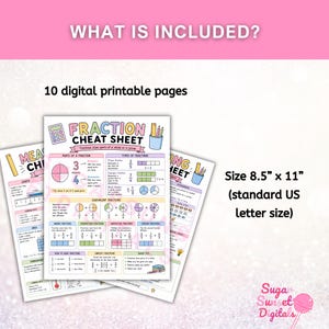 May include: A set of 10 digital printable pages featuring educational math charts. The central sheet is titled Fraction Cheat Sheet and includes diagrams for parts of a fraction, types of fractions, and operations. Size is 8.5 inches by 11 inches.