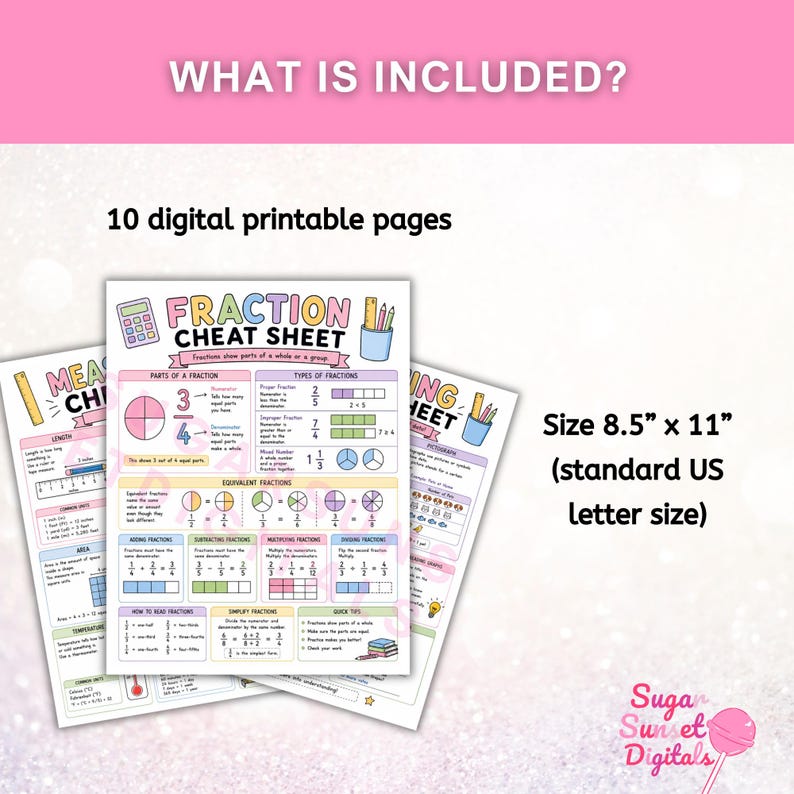 May include: A set of 10 digital printable pages featuring educational math charts. The central sheet is titled Fraction Cheat Sheet and includes diagrams for parts of a fraction, types of fractions, and operations. Size is 8.5 inches by 11 inches.