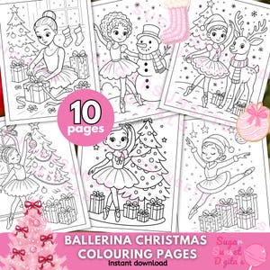 May include: A collection of ten ballerina-themed Christmas coloring pages. Each page features a ballerina with Christmas elements like trees, gifts, and a snowman. The pages are black and white line drawings, ready for coloring. Text on the image reads "Ballerina Christmas Colouring Pages".