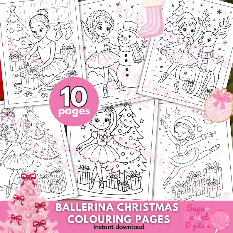 May include: A collection of ten ballerina-themed Christmas coloring pages. Each page features a ballerina with Christmas elements like trees, gifts, and a snowman. The pages are black and white line drawings, ready for coloring. Text on the image reads "Ballerina Christmas Colouring Pages".