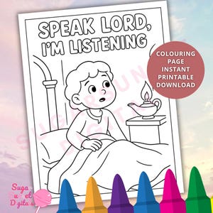 May include: Black and white coloring page with the text "SPEAK LORD, I'M LISTENING." The image features a cartoon illustration of a child in bed, with a lamp on a bedside table. A circular graphic reads "COLOURING PAGE INSTANT PRINTABLE DOWNLOAD."