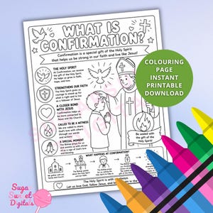 May include: A black and white printable coloring page titled What is Confirmation? featuring a bishop blessing a child, religious symbols like a dove, cross, and flame, and educational text explaining the sacrament of confirmation for children.