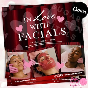 May include: A promotional flyer with the text "IN LOVE WITH FACIALS" in white, with pink hearts. The flyer features images of people receiving facials. Social media icons and website information are included.
