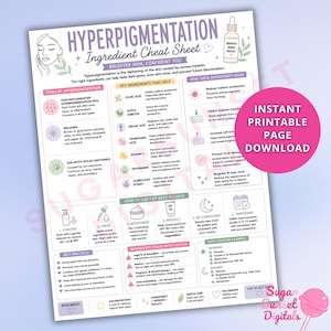 May include: A white informational sheet titled HYPERPIGMENTATION Ingredient Cheat Sheet with purple and green accents. It includes sections on types of hyperpigmentation, key ingredients like Kojic Acid and Vitamin C, usage instructions, and a daily routine example with icons and text.