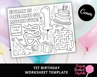 Mantel individual editable para colorear y personalizar para el primer cumpleaños de tu pequeño (descarga digital)