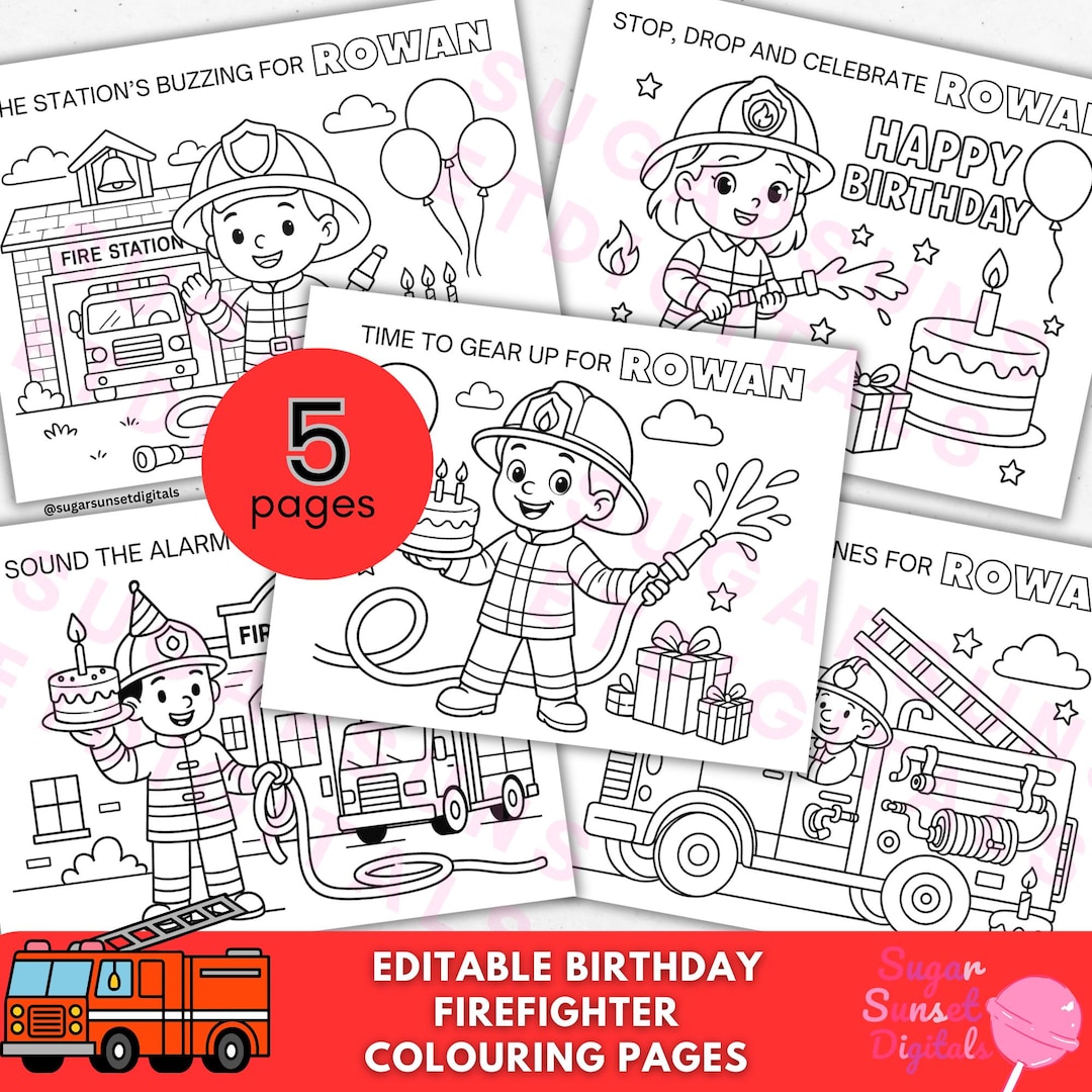 Firefighter Birthday Coloring Pages: Editable Fire Truck Party Activity ...