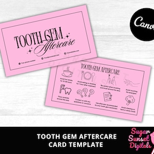 May include: Two pink business cards with black text that read "TOOTH GEM Aftercare." The cards include icons and instructions for aftercare. The Canva logo is in the upper right corner.